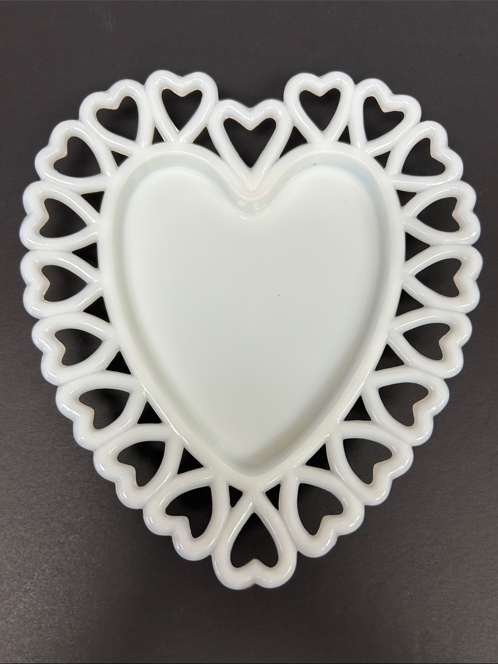 Vintage Westmoreland heart shaped trinket dish with pierced heart edge